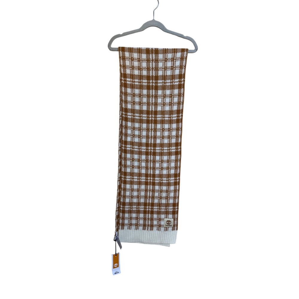 Timberland Plaid‎ Scarf Brown White Acrylic Knit Winter Warm Soft NWT